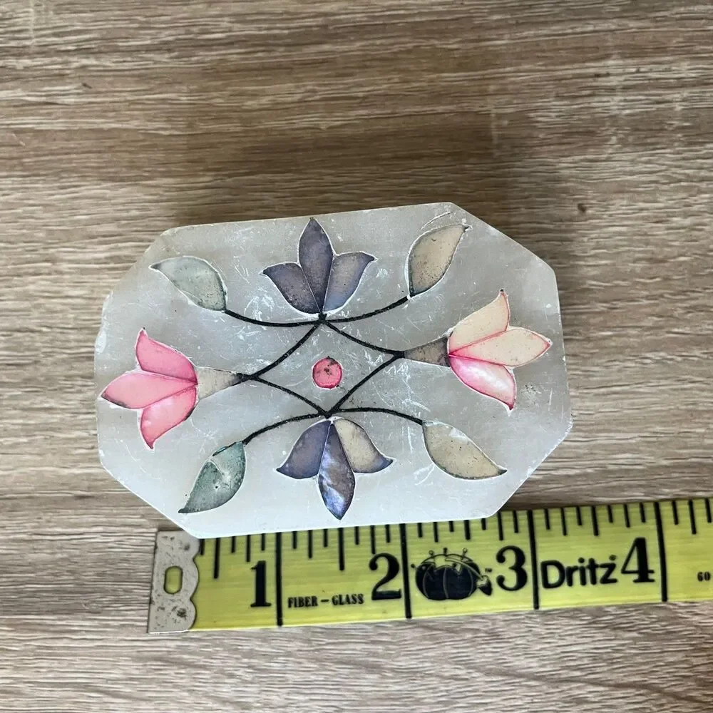 Vintage White Marble Trinket Jewelry Box Stone Inlay Floral Design